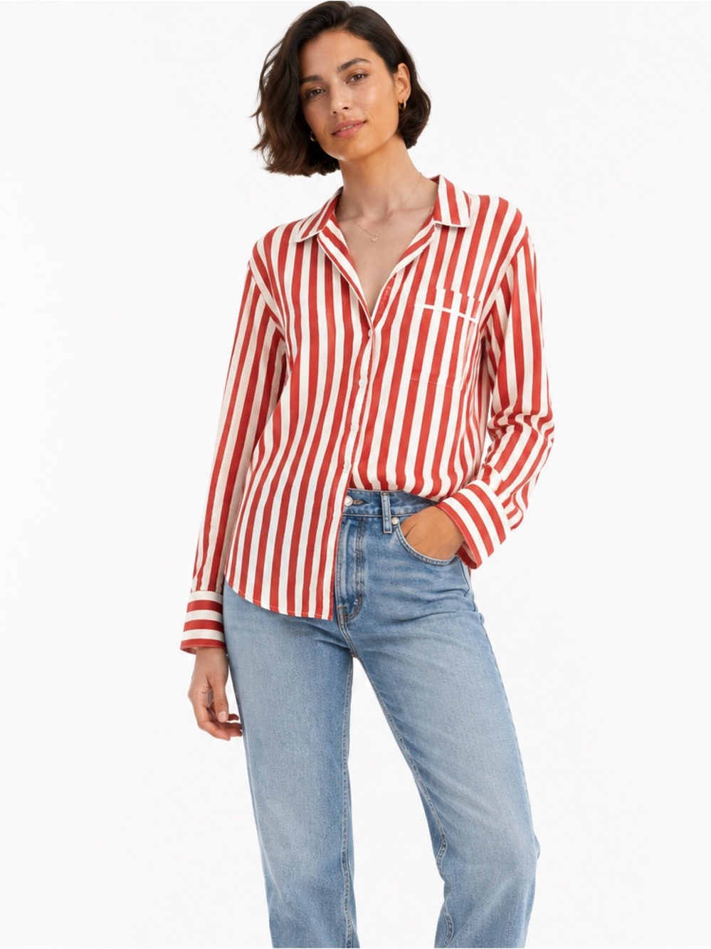 Urban Outfitters Size Small Oversized Striped Red and White‎ Button-Down Blouse